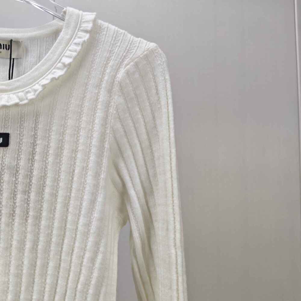 Miu Miu White Ribbed Ruffle-Trim Knit Top - Picture 9 of 9